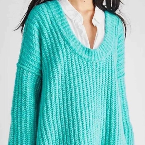 Free People Blue Bell Teal Blue V Neck Sweater New With Tags - Picture 2 of 5